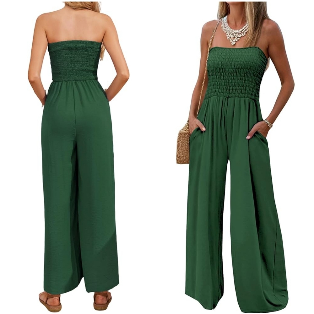 NWT Auxdio Dark Green Strapless Tube Smocked Wide Leg Flowy Jumpsuit Romper XL